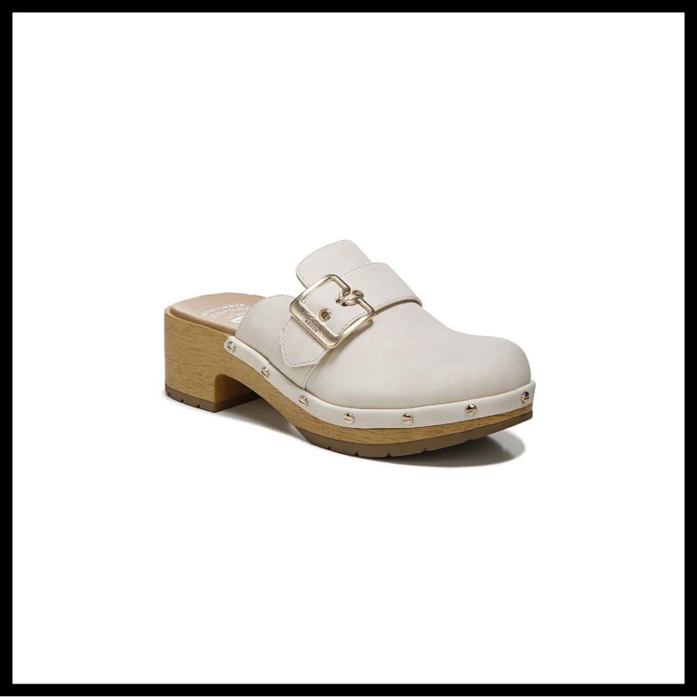 Dr. Scholl’s Classic Faux Leather Buckle Slip On Heel Clogs in Cream/White